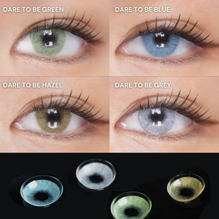 Four close-up eye images demonstrating green, blue, hazel, and grey Dare To Be colored contact lenses with natural-looking pigmentation, plus product lenses displayed underneath.