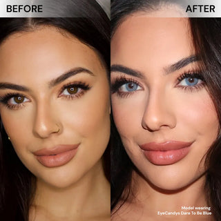 Before and after of model’s face wearing EyeCandys Dare to Be Blue prescription colored contact lenses, showcasing bold yet natural blue eye transformation