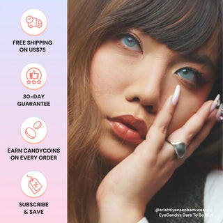 EyeCandys Dare to Be Blue prescription colored contact lens on @srishtiyensenbam, highlighting free US$75 shipping, 30-day guarantee, CandyCoins rewards, and subscribe & save perks