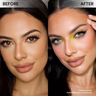 Model face before and after wearing EyeCandys Dare to Be Green prescription color contacts for bright, natural-looking green eyes