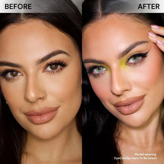 Model face before and after wearing EyeCandys Dare to Be Green prescription color contacts for bright, natural-looking green eyes