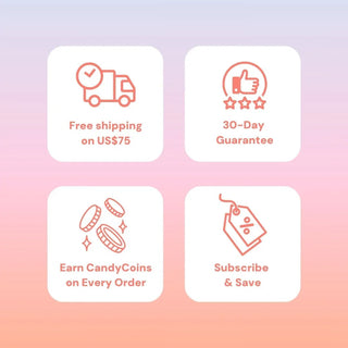 EyeCandys icons showing Free Shipping over $75, 30‑Day Guarantee, earn candycoins on every order and subscribe and save