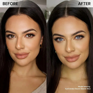 Model face before and after wearing EyeCandys Desire Glacier Blue prescription color contacts for bright, natural-looking blue eyes.