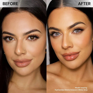 Model face before and after wearing EyeCandys Desire Innocent White Grey prescription color contacts for bold, natural-looking grey-white eyes.