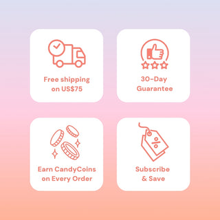 Free shipping on orders over $75, 30-day guarantee, earn CandyCoins on every order, subscribe and save – EyeCandys promo banner