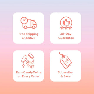 Free shipping on orders over $75, 30-day guarantee, earn CandyCoins on every order, subscribe and save – EyeCandys promo banner