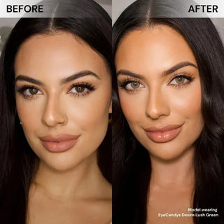 Before and after of model’s face wearing EyeCandys Desire Lush Green prescription colored contact lenses, showing vibrant and natural green eye transformation