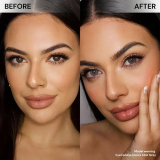 Before and after of model’s face wearing EyeCandys Desire Mist Grey prescription colored contact lenses, showing soft and natural grey eye transformation