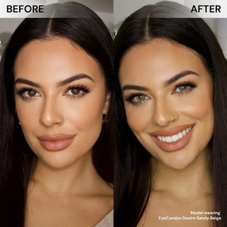 Model face before and after wearing EyeCandys Desire Sandy Beige prescription color contacts for soft, natural-looking beige-brown eyes