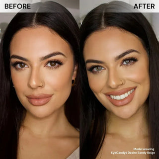 Model face before and after wearing EyeCandys Desire Sandy Beige prescription color contacts for soft, natural-looking beige-brown eyes