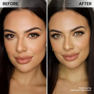 Before and after of model’s face wearing EyeCandys Desire Toffee Brown prescription colored contact lenses, showing warm and natural brown eye transformation