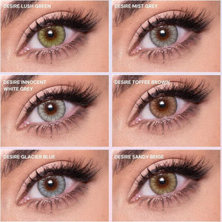 Eye wearing six EyeCandys Desire series colored contact lenses: Lush Green, Mist Grey, Innocent White Grey, Glacier Blue, Toffee Brown, and Sandy Beige.