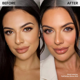 EyeCandys Dare to Be Blue prescription colored contact lenses before-and-after on model’s face, creating a bright yet realistic blue eye effect