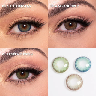 Comparison of EyeCandys Isla colored contact lenses in Blue Grotto, Mirage Grey, and Emerald Green, shown on a model’s eye with the lenses displayed below.