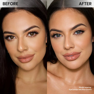 Model face before and after wearing EyeCandys Isla Blue Grotto prescription color contacts for bright, natural-looking blue eyes