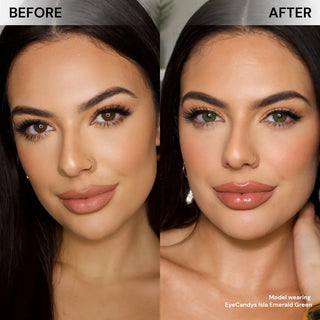 Model face before and after wearing EyeCandys Isla Emerald Green prescription color contacts for vibrant, natural-looking green eyes