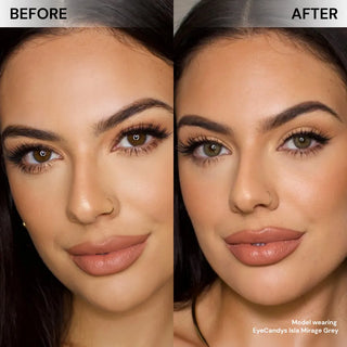 Before and after of model’s face wearing EyeCandys Isla Mirage Grey prescription colored contact lenses, showing soft and natural grey eye transformation