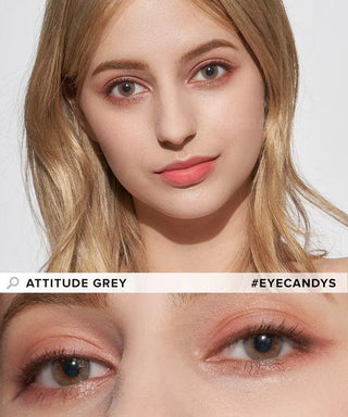 Model wearing EyeCandys Attitude Grey contact lenses – full face above and close-up of eyes below showing lens color and design