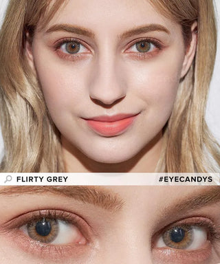 A model showcases the intricate design of the Pink Label Flirty Grey contact lenses, with a dedicated close-up image highlighting the lens.