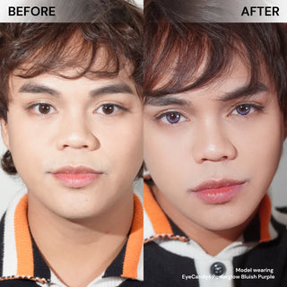 Before and after comparison of model wearing EyeCandys Powerglow Bluish Purple prescription colored contact lenses, showing natural eye transformation with bold blue-purple hue