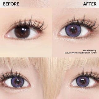 Before and after of model’s eyes with EyeCandys Powerglow Bluish Purple prescription colored contacts, enhancing eyes with bold, natural blue-purple color