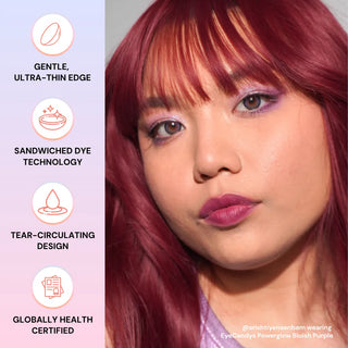 srishtiyensenbam wearing EyeCandys Powerglow Bluish Purple prescription colored contact lenses with gentle ultra-thin edge, sandwiched dye technology, tear-circulating design, and globally health-certified materials