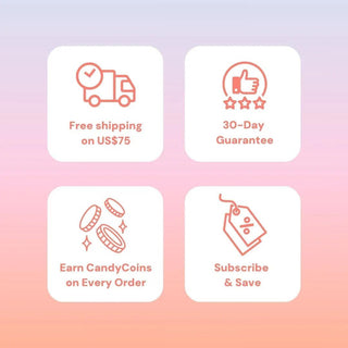 EyeCandys icons showing Free Shipping over $75, 30‑Day Guarantee, earn candycoins on every order and subscribe and save