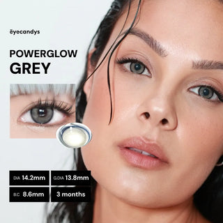 EyeCandys Powerglow Grey color contact lenses – vibrant green 3-month contacts, 14.2mm DIA, 13.8mm G.DIA, 8.6mm base curve – natural eye enhancement for a bold look
