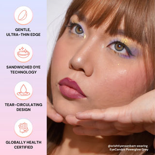 EyeCandys Powerglow Grey cosmetic prescription contact lens on @srishtiyensenbam, featuring sandwiched dye, gentle fit, and globally approved eye safety