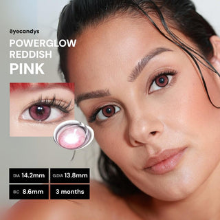 Model wearing EyeCandys Powerglow Reddish Pink prescription colored contact lens with eye close‑up and macro shot of lens.