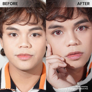 Before and after model wearing EyeCandys Powerglow Reddish Pink prescription colored contact lens for vibrant cosplay and natural eye color change.