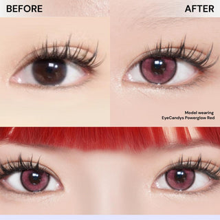 Before and after of dark brown eyes wearing EyeCandys Powerglow Reddish Pink colored prescription contact lens for vibrant pink effect.
