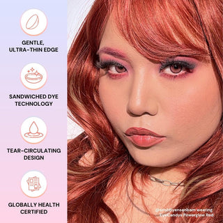 Model wearing EyeCandys Reddish Pink prescription contact lens with ultra‑thin edge, tear circulation design, and globally health‑certified safety.