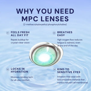 EyeCandys MPC contact lenses with 2-methacryloyloxyethyl phosphorylcholine – all-day fresh fit, breathable design, moisture-locking hydration, and irritation-free wear for sensitive eyes