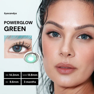 EyeCandys Powerglow Green color contact lenses – vibrant green 3-month contacts, 14.2mm DIA, 13.8mm G.DIA, 8.6mm base curve – natural eye enhancement for a bold look
