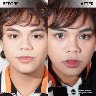 Before and after comparison of a person wearing makeup and wearing Eyecandys Powerglow Green