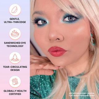 Srishtiyensenbam wearing EyeCandys Powerglow Green color contact lenses – gentle ultra-thin edge, sandwiched dye technology, tear-circulating design, globally health certified natural green contacts