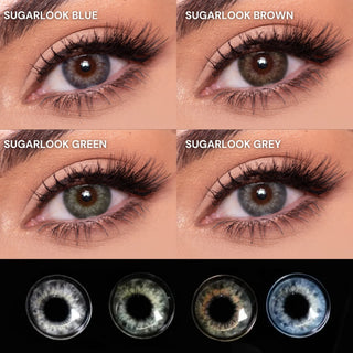 EyeCandys SugarLook colored contact lenses in Blue, Brown, Green, and Grey, shown on a model’s eye with individual lenses displayed below.
