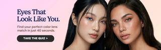Side-by-side comparison of two models wearing EyeCandys colored contact lenses, featuring Bunnie Milky Ash Grey on one model and Cashmere Satin Olive on the other, highlighting subtle natural color differences and realistic eye enhancement effects