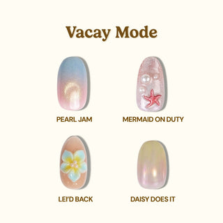 The Vacay Mode Press-On Nail Set by EyeCandys features four vacation-inspired designs: Pearl Jam (shimmery pink/blue), Mermaid On Duty (pink with pearls/starfish), Lei’d Back (peach with a flower), and Daisy Does It (iridescent pastel). Reusable manicure!.
