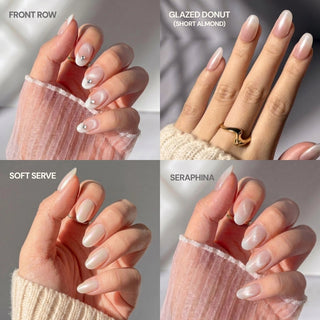 A collage shows four hands in sheer pink sleeves, each wearing EyeCandys Neutrals & Basics Press-On Nail Set in Front Row (gems), Glazed Donut (almond), Soft Serve, and Seraphina—varied nude/pink manicures.