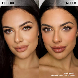 EyeCandys Pink Label Fresh Look Grey custom toric contact lenses for astigmatism, natural grey prescription colored contacts with clear vision and comfortable fit