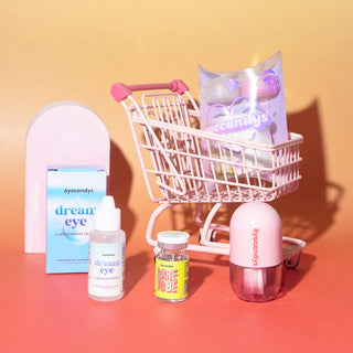 EyeCandys colored prescription contact lens with eye drops, lens case, and shopping cart. Premium lenses for clear vision, striking color transformation, and everyday comfort.