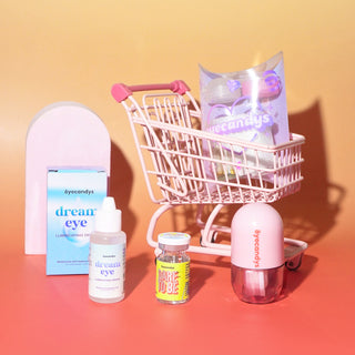 EyeCandys colored prescription contact lens with eye drops, lens case, and shopping cart. Premium lenses for clear vision, striking color transformation, and everyday comfort.