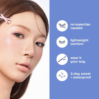 Close-up of a woman wearing eyecandys false eyelashes with a pink hair clip, next to text listing product benefits: no expertise needed, lightweight comfort, wear it your way, and 3-day sweat and waterproof.