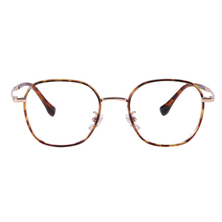The EyeCandys Farrow Round features narrow-fit round eyeglasses with thin brown tortoiseshell frames, a metal bridge, and clear nose pads, displayed front-facing on a white background.