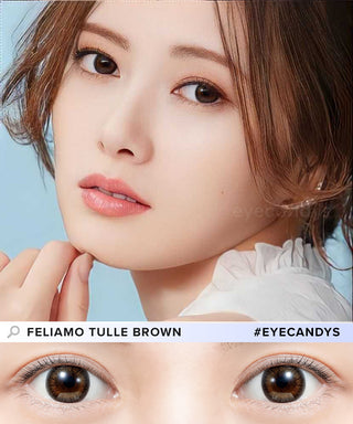 A close-up of a model demonstrating a natural makeup look with Feliamo 1-Day Tulle Brown (10pk) circle colour contacts, highlighting how well the contact lenses blend with her dark eyes.