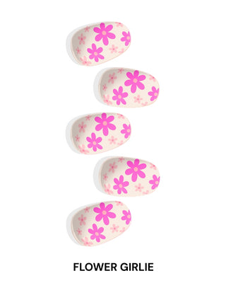 Eyecandys Flower Girlie Gel Nail Stickers design – Barbie-pink nails with clear floral accents, daisy motifs, Y2K-inspired, playful spring and summer nail art, 7-free allergy-friendly formula.