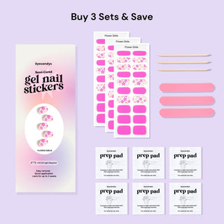 Buy 3 sets of Eyecandys Gel Nail Stickers – includes 3 sticker sets, 3 nail files, 3 wooden sticks, 6 alcohol pads; salon-quality, easy 10-minute application, long-lasting, safe 7-free formula.
