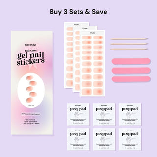 EyeCandys Flutter Package Set featuring 3 gel nail sticker sets, 6 alcohol pads, 3 nail files, and 3 wooden sticks. Complete manicure kit for effortless, long-lasting nails with a fluttering design. Perfect for a chic and trendy spring nail look, with a 7-free, allergy-friendly formula.